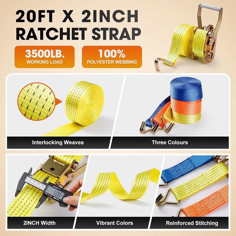 EVANCENT 2Pack Ratchet Straps Heavy Duty-2 Inch x 20 Feet(7,500lb Break Strength), Tie-Down Ratcheting with J-Hook Cargo Straps Tiedown Ratchet for Moving and Transports with Trailers, Pickup, Flatbed Trucks - Image 3